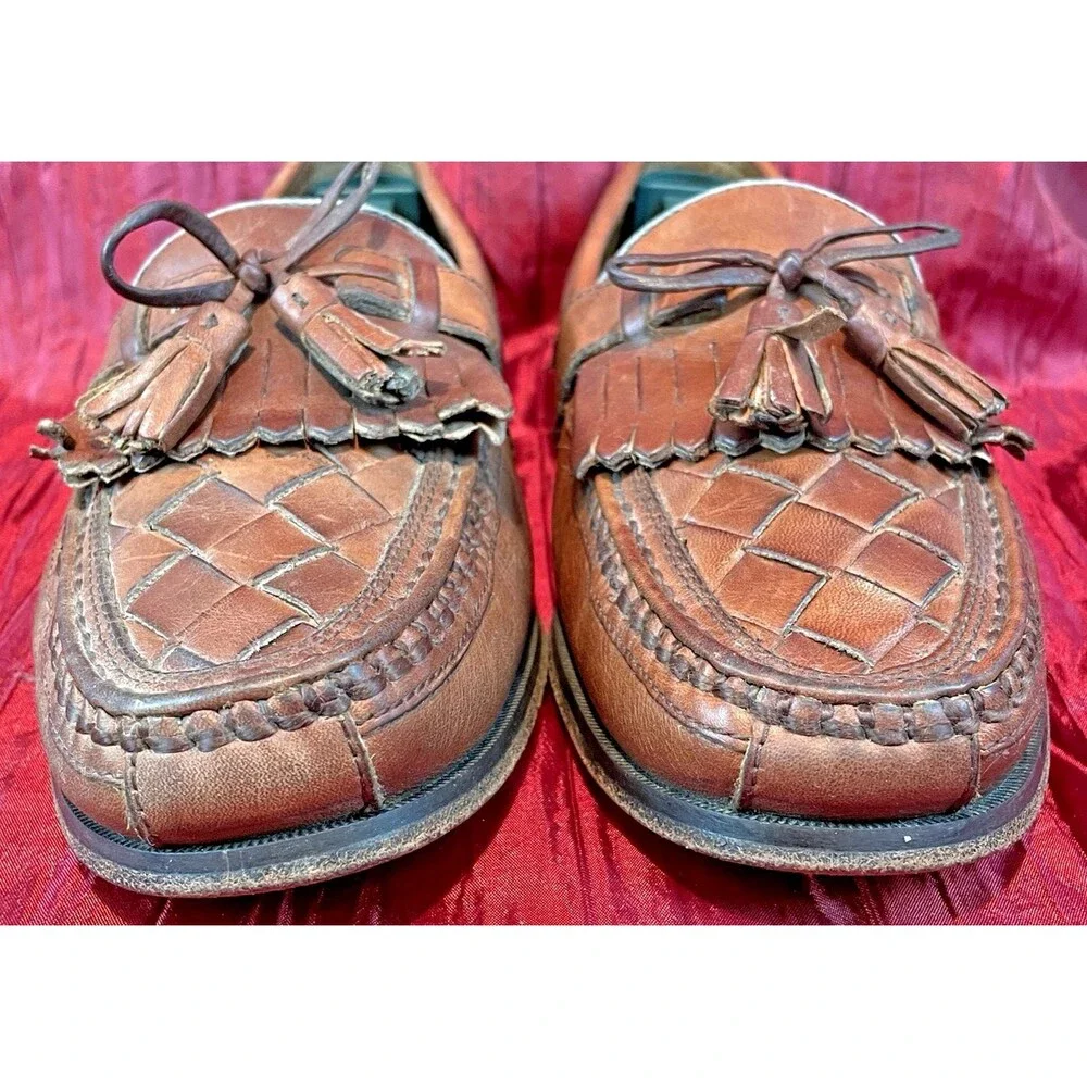 Mens Johnson & Murphy Tan Leather Kilt Tassel Mesh Toe Moccasin Loafers sz 8M